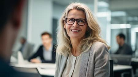 Smiling businesswoman in eyeglasses looking at camera in officeの素材