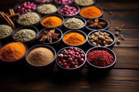 Spices and herbs in wooden bowls. Food and cuisine ingredients.の素材