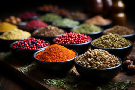 Spices and herbs on wooden background. Food and cuisine ingredients.の素材