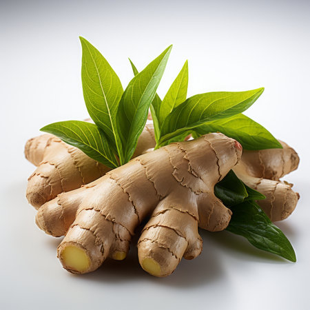 Ginger root with leaves on white background. Close up shot.の素材