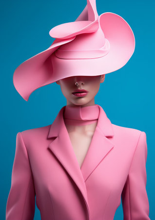 Fashion shot of a beautiful woman in a pink suit and hatの素材
