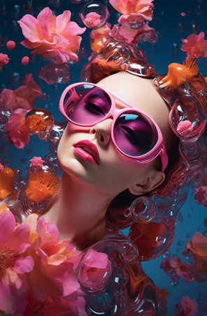 Fashion portrait of beautiful young woman with pink sunglasses and flowers.の素材