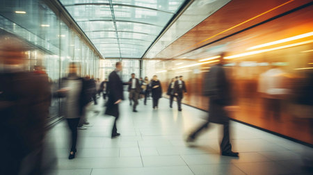 Blurred image of business people walking in the lobby of a modern office buildingの素材