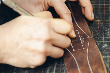 Close up of a shoemaker or artisan worker hands. Leather craft tools on old wood table.の写真素材