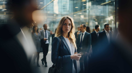 Businesswoman in front of a group of businesspeople in the cityの素材