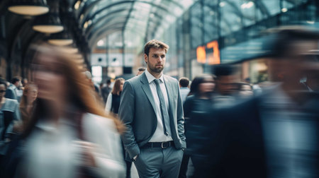 Businessman walking in a busy city street. Business people in motion blur.の素材