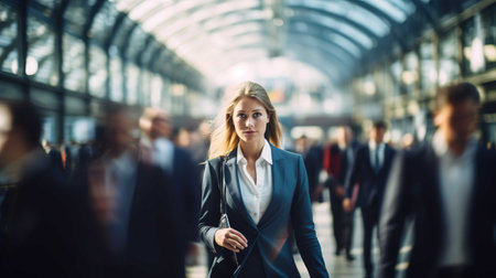 Businesswoman walking in a busy city. Business people walking in the city.の素材