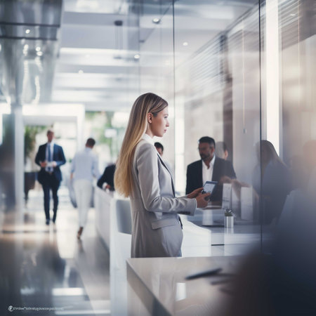 Businesswoman working in the office. Business people in the background.