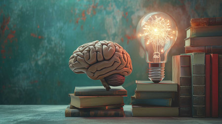 Brainstorming concept with light bulb and books. 3D renderingの素材
