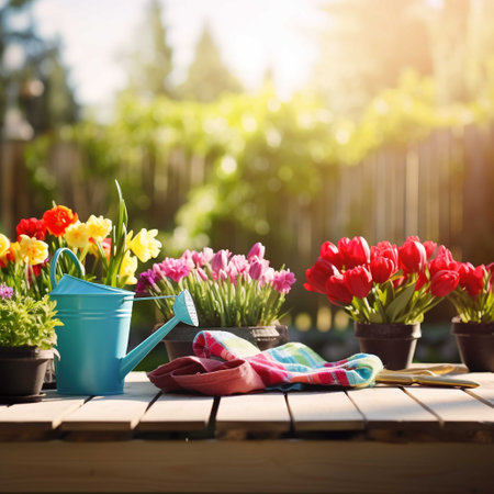 Gardening tools and tulips on the terrace in sunny dayの素材