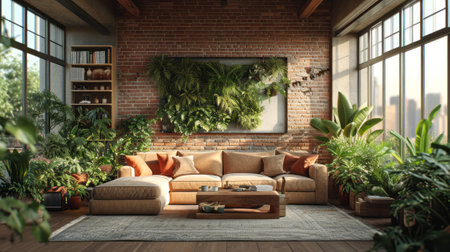 Interior of modern living room with brick wall, 3d renderの素材