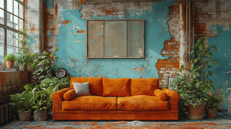 Interior of living room with orange sofa and plant. 3d renderの素材
