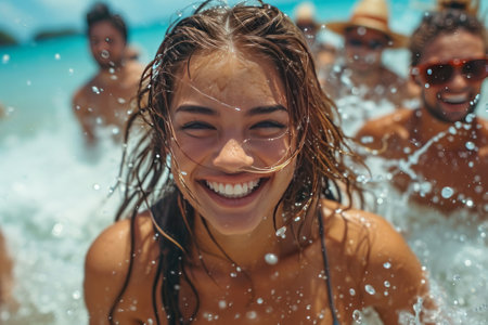 Group of happy friends having fun on the beach. Young people having fun on summer vacation.の素材