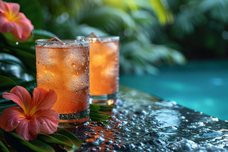 Cocktails on the swimming pool with tropical flowers in the backgroundの素材