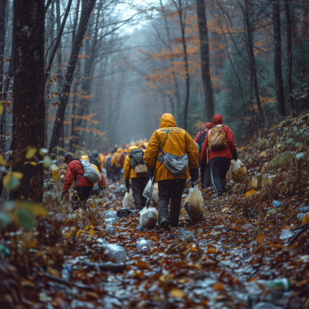 Group of people walking in the autumn forest with garbage bags on the ground.の素材