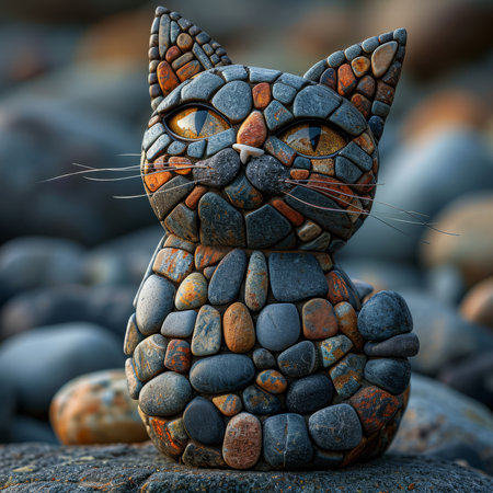 A closeup shot of a stone cat sitting on a pebble beachの素材