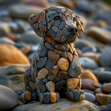 Dog made of stones on the beach. Shallow depth of field.の素材