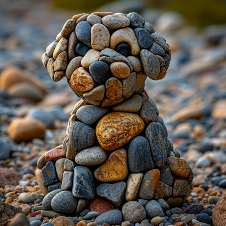 Cute dog made of stones on the beach. Selective focus.の素材