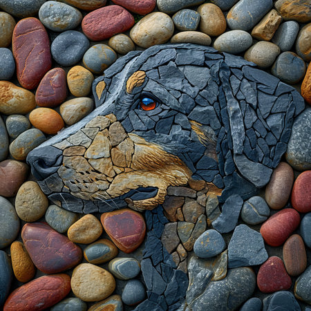 Dog made of pebbles on a background of colored stones.の素材