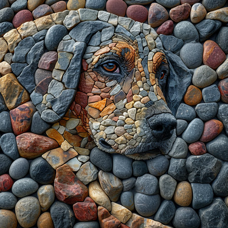 Mosaic of a dog on a background of pebblesの素材