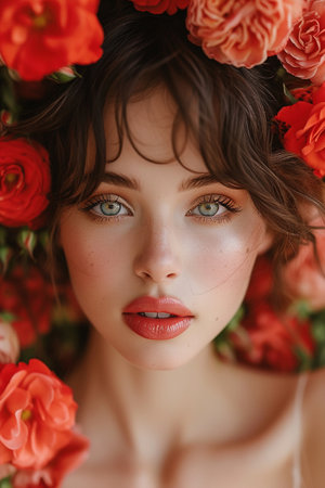 Close-up portrait of a beautiful girl with red flowers in her hairの素材