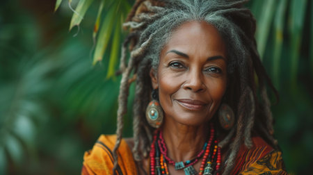 Portrait of a beautiful African woman with dreadlocks in a parkの素材