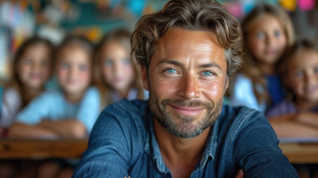 Portrait of smiling teacher looking at camera in classroom at elementary schoolの素材