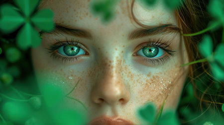 beautiful young girl with green eyes and clover leaves on her faceの素材