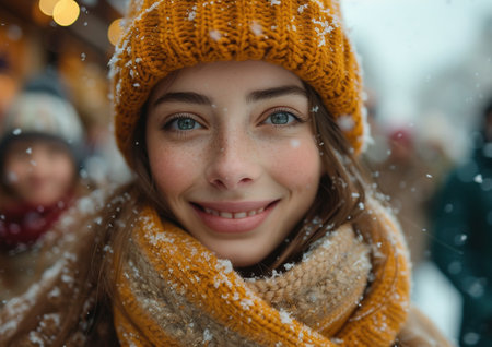 Close up portrait of a beautiful girl in a knitted hat and scarf on the background of a winter streetの素材