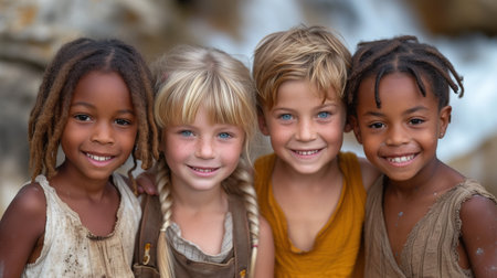 Portrait of a group of children smiling at camera in the parkの素材