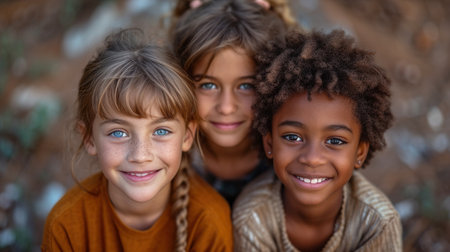 Portrait of a group of children smiling at camera in the parkの素材