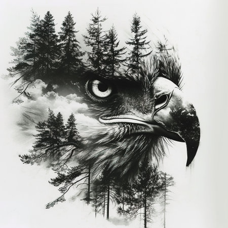 grunge illustration of an eagle in the forest, black and whiteの素材