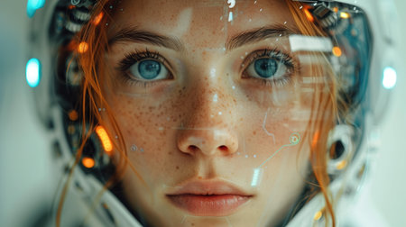 Close-up portrait of a beautiful girl in a spacesuit.の素材