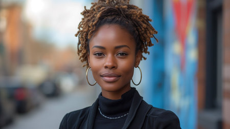 Portrait of a beautiful young african american woman in the cityの素材