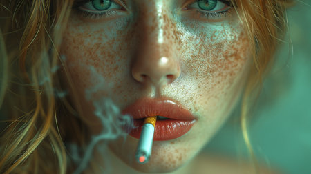 Portrait of a girl with a cigarette in her mouth. Close-up.の素材
