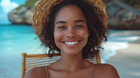 Close up portrait of beautiful african american woman in straw hat smiling at camera while sunbathingchair at tropical beachの素材