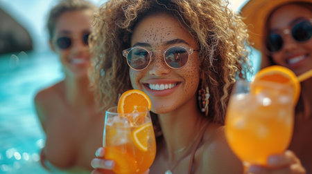 Cheerful female friends drinking cocktails at poolside on summer dayの素材