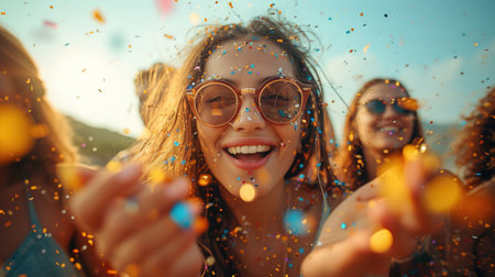 Group of friends having fun with confetti at a beach party.の素材