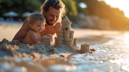 Father and son playing with sand on the beach. Happy family concept.の素材