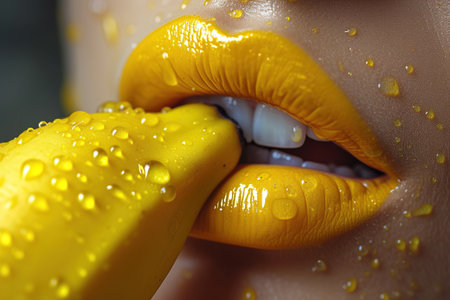 Beautiful female lips with yellow manicure and drops of water.の素材