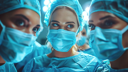 Group of surgeons at work in operating theater toned in blue.の素材