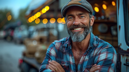 Portrait of a smiling middle-aged man in a hat and plaid shirt standing with his arms crossed against the background of a truck.の素材