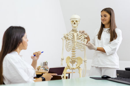 Two young women, likely medical students, are examining a skeleton model in a classroom setting, engaging in anatomical study for educational purposes.の写真素材