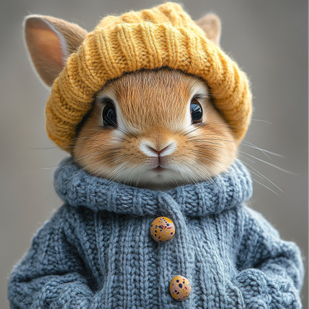 Cute rabbit wearing cozy sweater and yellow knit hat in soft focus background illustrationの素材