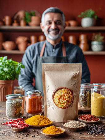 Chef smiles in the background while a paper bag of spices sits on a wooden table surrounded by various spices and seasoningsの素材