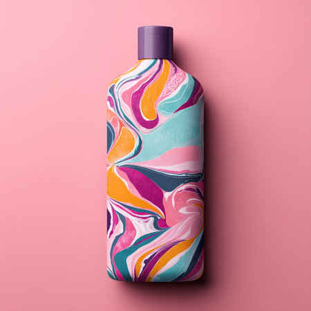 Shampoo bottle with colorful abstract design lying on pink background, promoting beauty products with vibrant and modern styleの素材