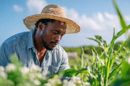 Young african american farmer inspecting corn plants in his field on a bright summer dayの素材