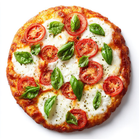 Round pizza margherita with mozzarella, tomatoes and basil leaves, shot from above, over white backgroundの素材