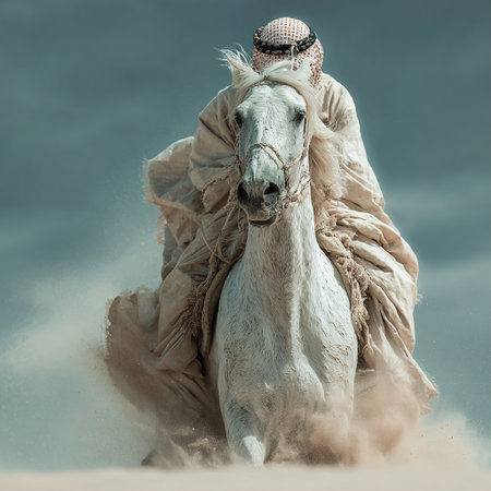 White arabian horse galloping across desert sand with bedouin rider, creating a cloud of dust under a dramatic skyの素材