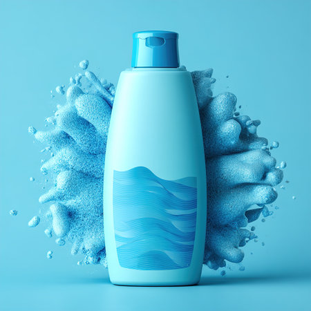 Light blue plastic cosmetic bottle exploding with foam creating a splash on a light blue backgroundの素材